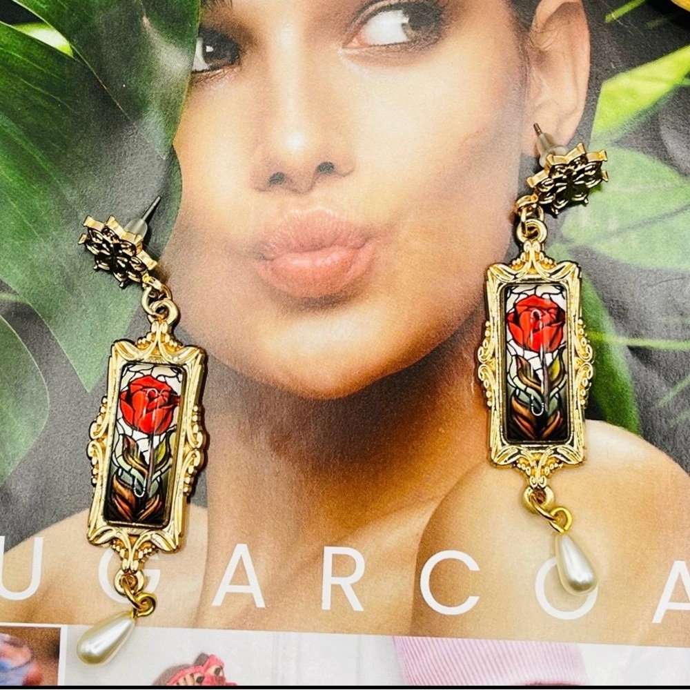 NEW Renaissance Revival "Stained Glass" Rose Frame Art Dangle Victorian Earrings